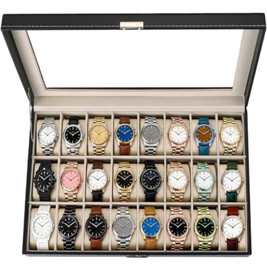 Watch Display Pillow - 24 Slots Watch Box with Glass