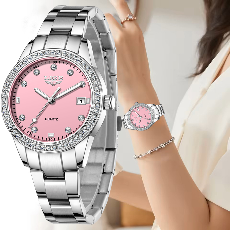 Waterproof Diving Watch - LIGE Creative Pink Dial Diamond Watches