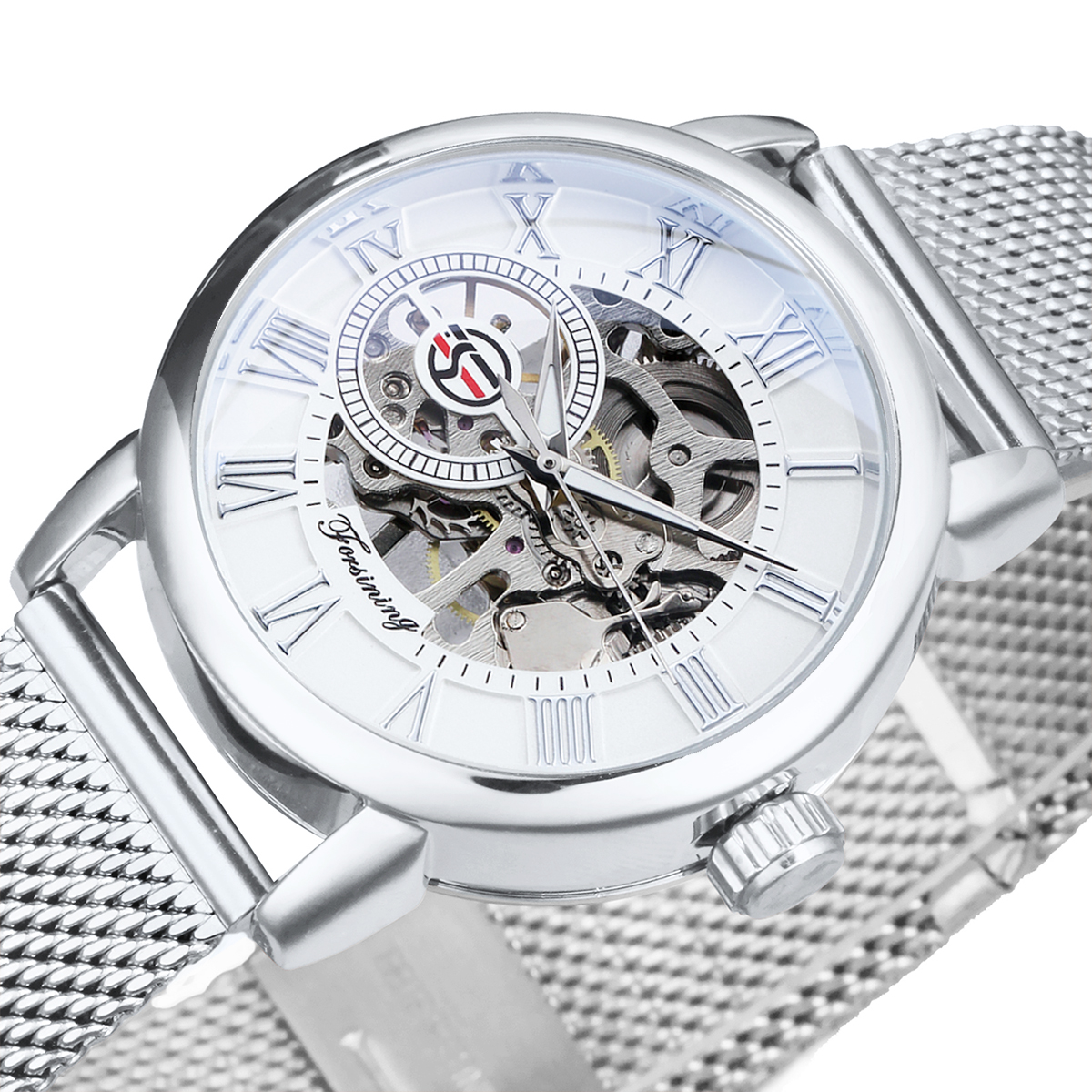 Mesh Stainless Strap - Forsining Silver Skeleton Mechanical Watch for