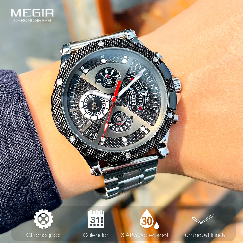 MEGIR Silver Black Watch Men S - مراجعة Silicone Sport Band وسعره