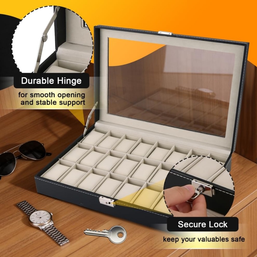 24 Slots Watch Box with Glass  - مراجعة Watch Display Pillow وسعره