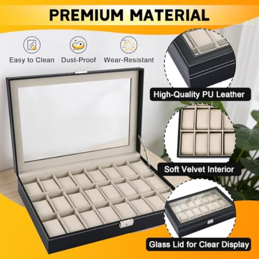 24 Slots Watch Box with Glass  - مراجعة Watch Display Pillow وسعره
